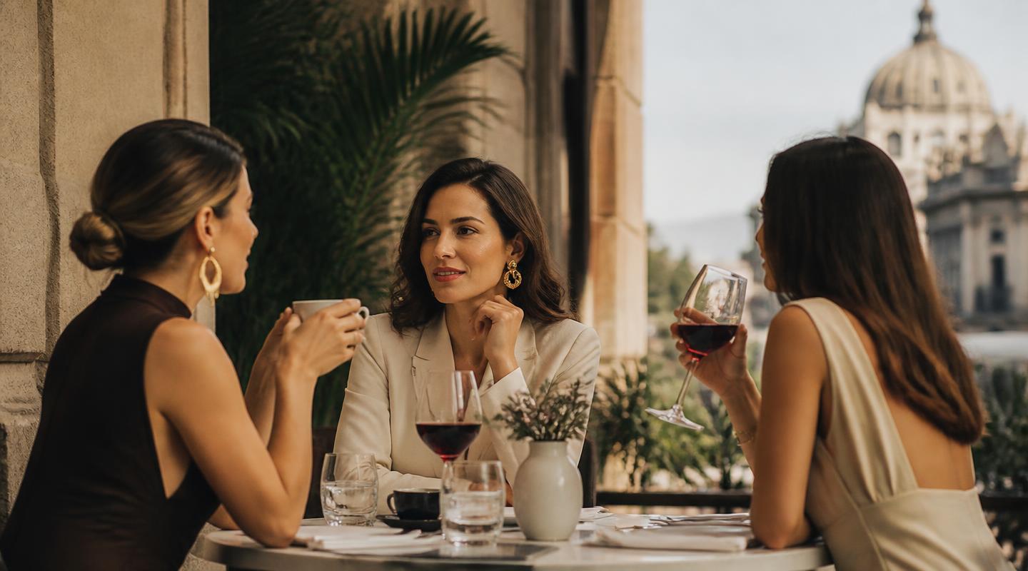 Three women enjoying conversation over wine at an outdoor terrace in Mexico City.