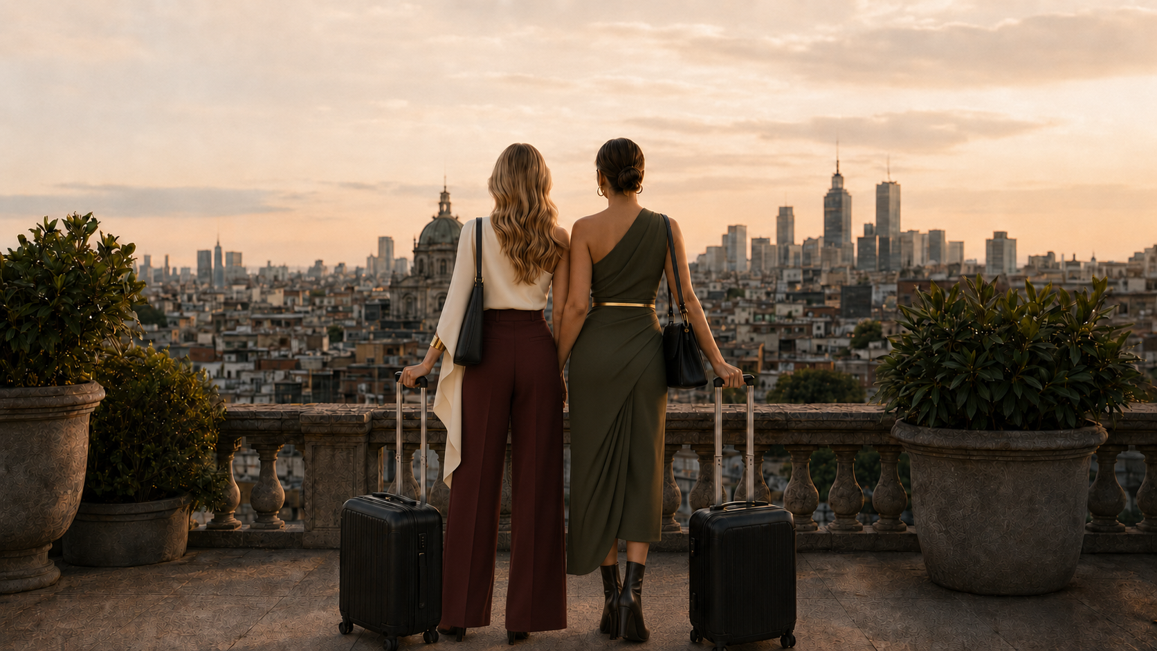 Two women on a Mexico City rooftop at sunset, with the skyline behind them