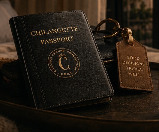 The Chilangette Passport, a black leather membership booklet with a luggage tag