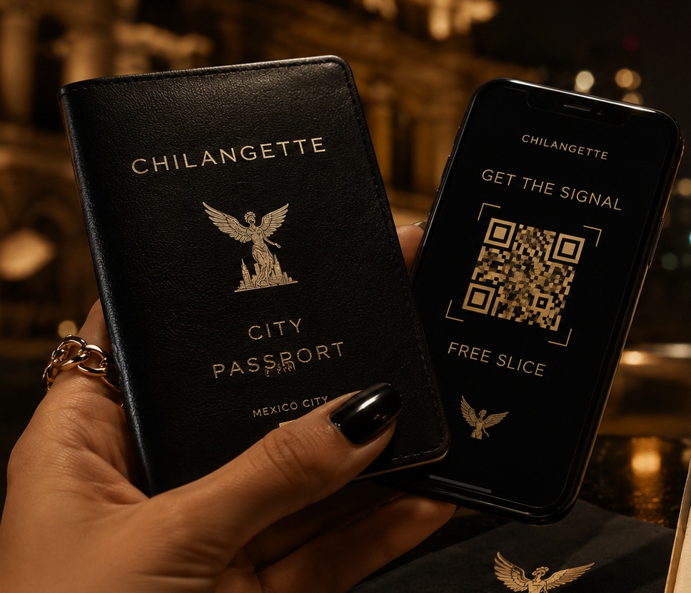 A hand holding the black and gold Chilangette City Passport next to a phone showing a Chilangette Signal QR code.
